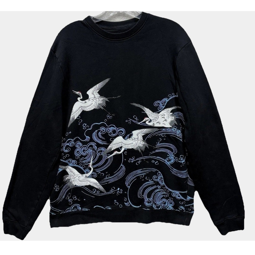 Blind Rooster Japanese Crane & Wave Sweatshirt Size M Black Crewneck Streetwear